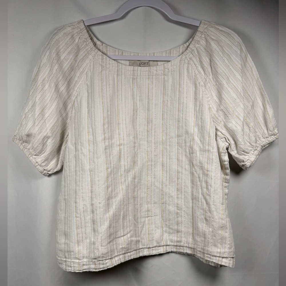 LOFT Puff Sleeve Blouse Relaxed Boxy Style Cream With Metallic Stripes M